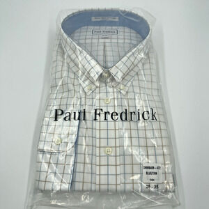 Paul Fredrick Men's Dress Shirt 20 35 Blue Tan Check No-Iron Cotton NWT
